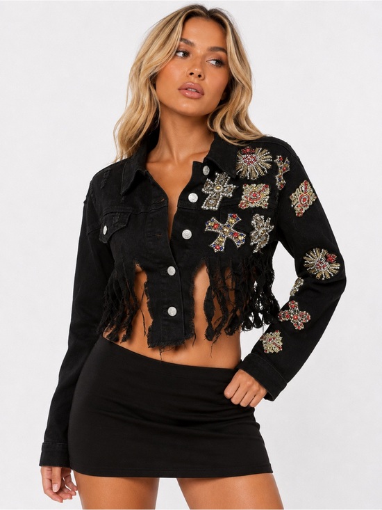 AKIRA Jackets & Blazers - AKIRA Black Distressed Rhinestone Cross Fringe Denim Jacket NWT